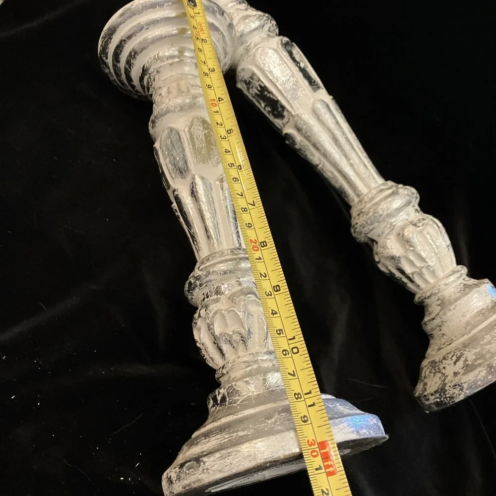 Distressed Silver Faux Mercury Mirror Resin Tall Candle Holder Candlestick Set 3